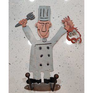 Laser Cut Metal Art Chef w/ Fork VS Lobster Towel Hooks 15" Rustic Shop Decor